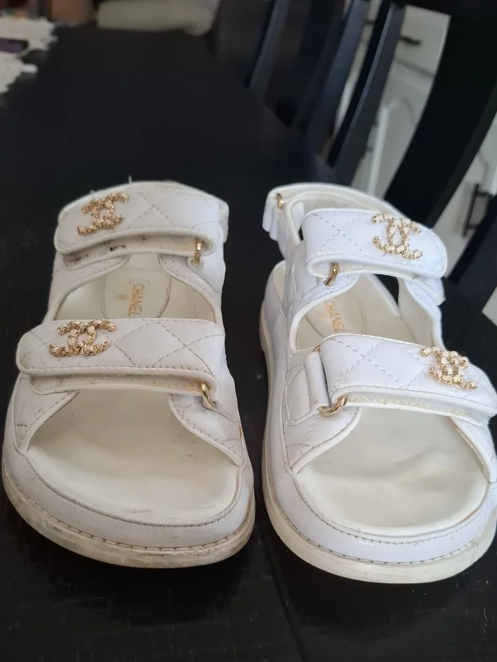 CHANEL Dad Sandals Grained Calfskin Velcro White.